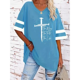 Plus Size Cross & Letter Print T-Shirt, Casual Short Sleeve Top For Spring & Summer, Women's Plus Size Clothing