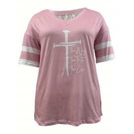 Plus Size Cross & Letter Print T-Shirt, Casual Short Sleeve Top For Spring & Summer, Women's Plus Size Clothing