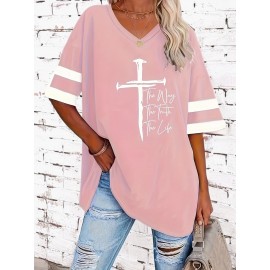 Plus Size Cross & Letter Print T-Shirt, Casual Short Sleeve Top For Spring & Summer, Women's Plus Size Clothing