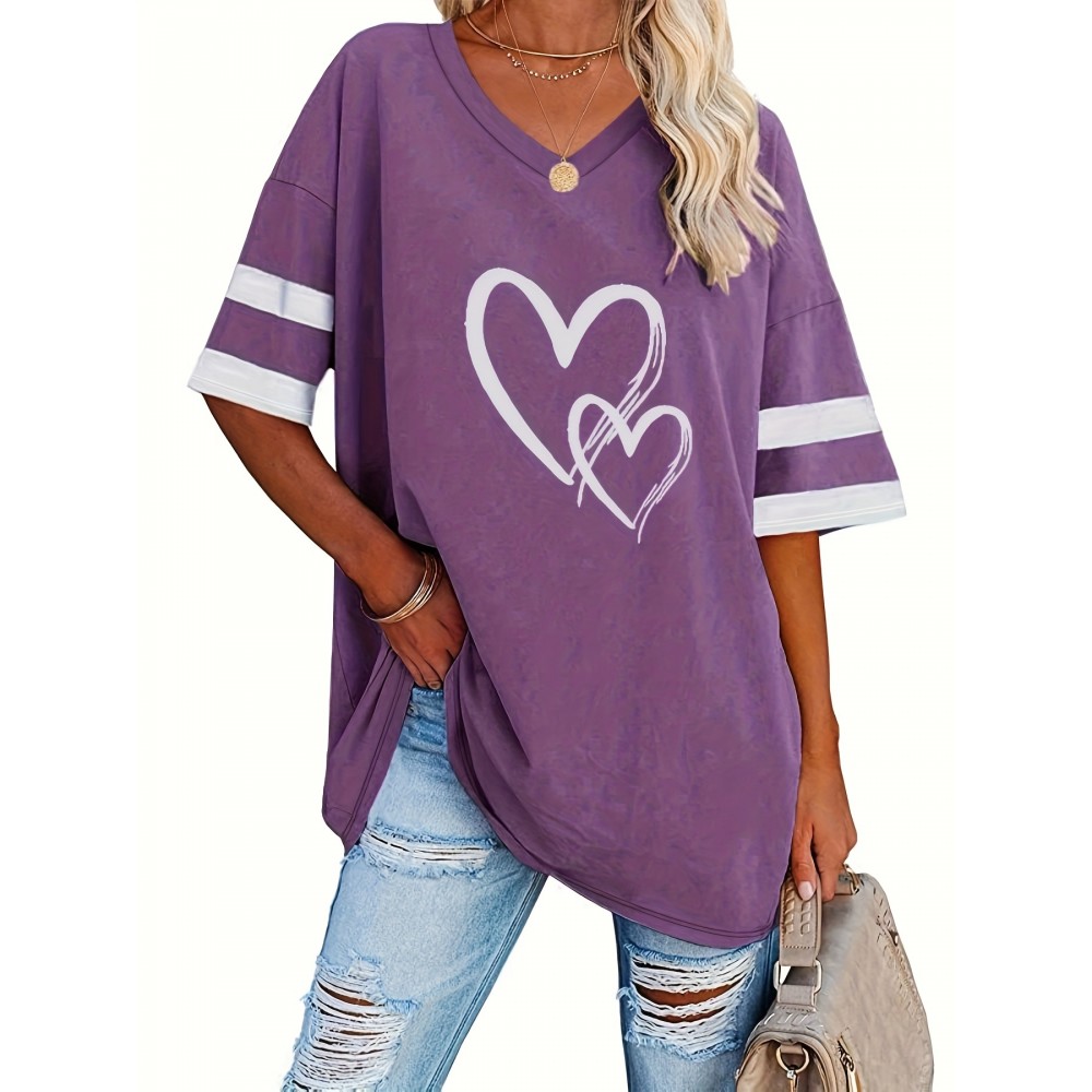Plus Size Heart Print T-Shirt, Casual V Neck Short Sleeve T-Shirt, Women's Plus Size Clothing