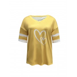 Plus Size Heart Print T-Shirt, Casual V Neck Short Sleeve T-Shirt, Women's Plus Size Clothing