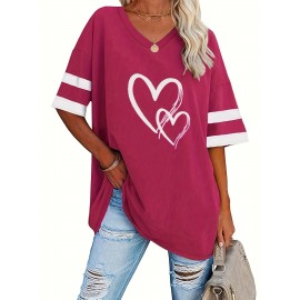 Plus Size Heart Print T-Shirt, Casual V Neck Short Sleeve T-Shirt, Women's Plus Size Clothing