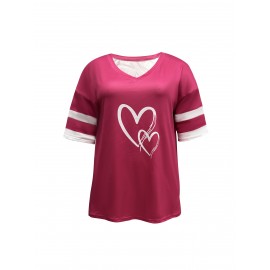 Plus Size Heart Print T-Shirt, Casual V Neck Short Sleeve T-Shirt, Women's Plus Size Clothing