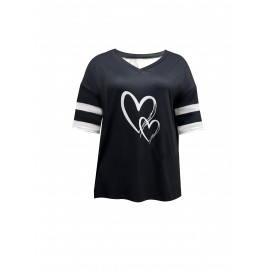 Plus Size Heart Print T-Shirt, Casual V Neck Short Sleeve T-Shirt, Women's Plus Size Clothing