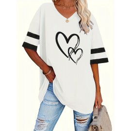 Plus Size Heart Print T-Shirt, Casual V Neck Short Sleeve T-Shirt, Women's Plus Size Clothing