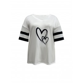 Plus Size Heart Print T-Shirt, Casual V Neck Short Sleeve T-Shirt, Women's Plus Size Clothing