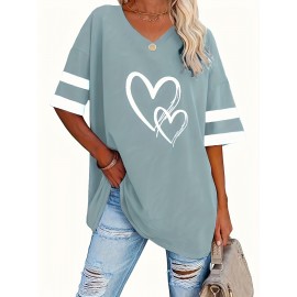 Plus Size Heart Print T-Shirt, Casual V Neck Short Sleeve T-Shirt, Women's Plus Size Clothing