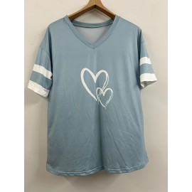 Plus Size Heart Print T-Shirt, Casual V Neck Short Sleeve T-Shirt, Women's Plus Size Clothing