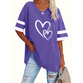 Plus Size Heart Print T-Shirt, Casual V Neck Short Sleeve T-Shirt, Women's Plus Size Clothing