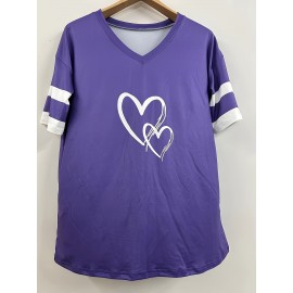 Plus Size Heart Print T-Shirt, Casual V Neck Short Sleeve T-Shirt, Women's Plus Size Clothing