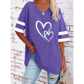 Plus Size Heart Print T-Shirt, Casual V Neck Short Sleeve T-Shirt, Women's Plus Size Clothing