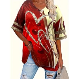 Plus Size Heart Print T-Shirt, Casual V Neck Short Sleeve T-Shirt, Women's Plus Size Clothing