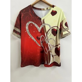 Plus Size Heart Print T-Shirt, Casual V Neck Short Sleeve T-Shirt, Women's Plus Size Clothing