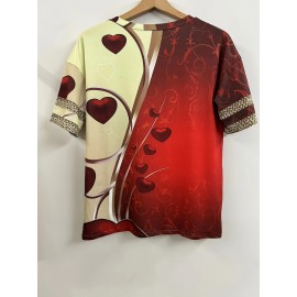 Plus Size Heart Print T-Shirt, Casual V Neck Short Sleeve T-Shirt, Women's Plus Size Clothing