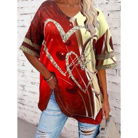 Plus Size Heart Print T-Shirt, Casual V Neck Short Sleeve T-Shirt, Women's Plus Size Clothing