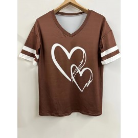 Plus Size Heart Print T-Shirt, Casual V Neck Short Sleeve T-Shirt, Women's Plus Size Clothing