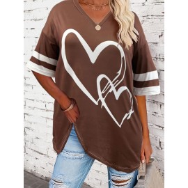 Plus Size Heart Print T-Shirt, Casual V Neck Short Sleeve T-Shirt, Women's Plus Size Clothing