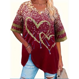 Plus Size Heart Print T-Shirt, Casual V Neck Short Sleeve T-Shirt, Women's Plus Size Clothing
