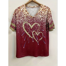 Plus Size Heart Print T-Shirt, Casual V Neck Short Sleeve T-Shirt, Women's Plus Size Clothing