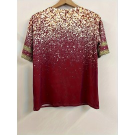 Plus Size Heart Print T-Shirt, Casual V Neck Short Sleeve T-Shirt, Women's Plus Size Clothing