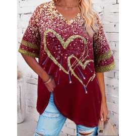 Plus Size Heart Print T-Shirt, Casual V Neck Short Sleeve T-Shirt, Women's Plus Size Clothing