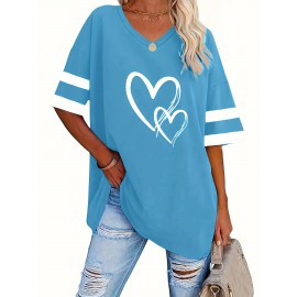 Plus Size Heart Print T-Shirt, Casual V Neck Short Sleeve T-Shirt, Women's Plus Size Clothing