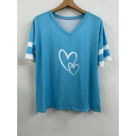 Plus Size Heart Print T-Shirt, Casual V Neck Short Sleeve T-Shirt, Women's Plus Size Clothing