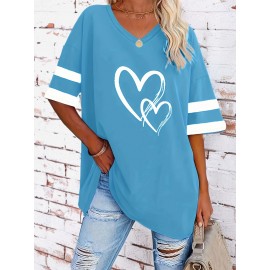Plus Size Heart Print T-Shirt, Casual V Neck Short Sleeve T-Shirt, Women's Plus Size Clothing