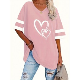Plus Size Heart Print T-Shirt, Casual V Neck Short Sleeve T-Shirt, Women's Plus Size Clothing