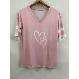 Plus Size Heart Print T-Shirt, Casual V Neck Short Sleeve T-Shirt, Women's Plus Size Clothing