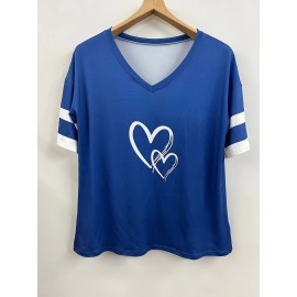 Plus Size Heart Print T-Shirt, Casual V Neck Short Sleeve T-Shirt, Women's Plus Size Clothing