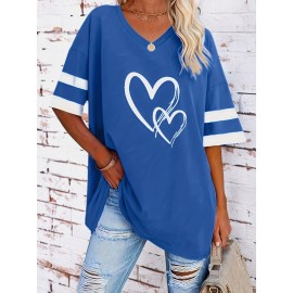 Plus Size Heart Print T-Shirt, Casual V Neck Short Sleeve T-Shirt, Women's Plus Size Clothing