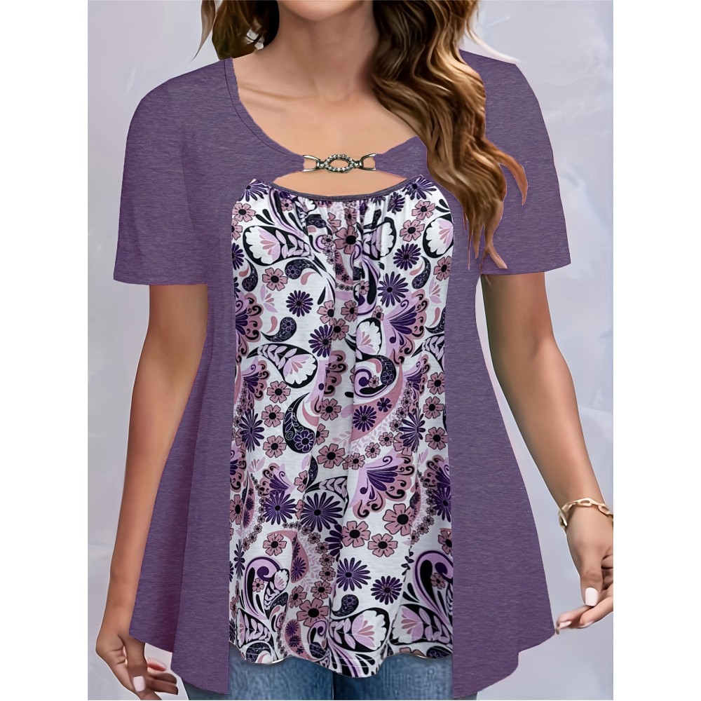 Plus Size Floral Print Cutout Top, Casual Short Sleeve Top For Spring & Summer, Women's Plus Size Clothing