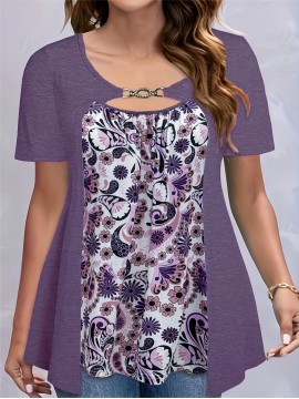 Plus Size Floral Print Cutout Top, Casual Short Sleeve Top For Spring & Summer, Women's Plus Size Clothing