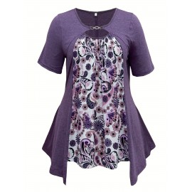 Plus Size Floral Print Cutout Top, Casual Short Sleeve Top For Spring & Summer, Women's Plus Size Clothing