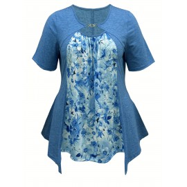Plus Size Floral Print Cutout Top, Casual Short Sleeve Top For Spring & Summer, Women's Plus Size Clothing