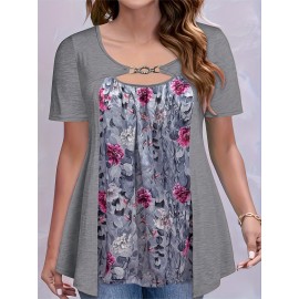 Plus Size Floral Print Cutout Top, Casual Short Sleeve Top For Spring & Summer, Women's Plus Size Clothing