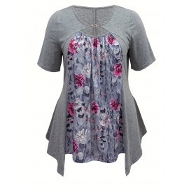 Plus Size Floral Print Cutout Top, Casual Short Sleeve Top For Spring & Summer, Women's Plus Size Clothing