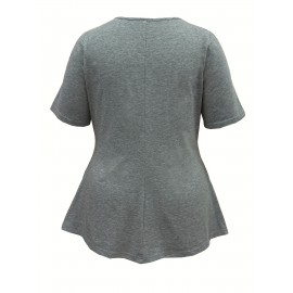 Plus Size Floral Print Cutout Top, Casual Short Sleeve Top For Spring & Summer, Women's Plus Size Clothing