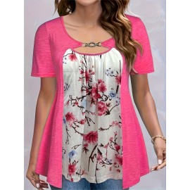 Plus Size Floral Print Cutout Top, Casual Short Sleeve Top For Spring & Summer, Women's Plus Size Clothing