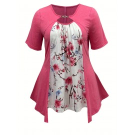 Plus Size Floral Print Cutout Top, Casual Short Sleeve Top For Spring & Summer, Women's Plus Size Clothing