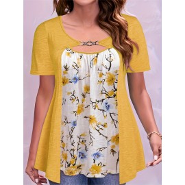 Plus Size Floral Print Cutout Top, Casual Short Sleeve Top For Spring & Summer, Women's Plus Size Clothing