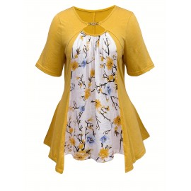Plus Size Floral Print Cutout Top, Casual Short Sleeve Top For Spring & Summer, Women's Plus Size Clothing
