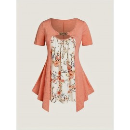Plus Size Floral Print Cutout Top, Casual Short Sleeve Top For Spring & Summer, Women's Plus Size Clothing