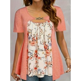 Plus Size Floral Print Cutout Top, Casual Short Sleeve Top For Spring & Summer, Women's Plus Size Clothing