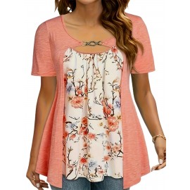 Plus Size Floral Print Cutout Top, Casual Short Sleeve Top For Spring & Summer, Women's Plus Size Clothing