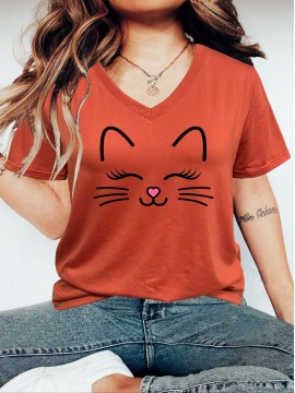 Plus Size Cartoon Cat Print T-Shirt, Casual V Neck Short Sleeve T-Shirt, Women's Plus Size Clothing