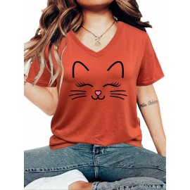 Plus Size Cartoon Cat Print T-Shirt, Casual V Neck Short Sleeve T-Shirt, Women's Plus Size Clothing