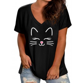 Plus Size Cartoon Cat Print T-Shirt, Casual V Neck Short Sleeve T-Shirt, Women's Plus Size Clothing