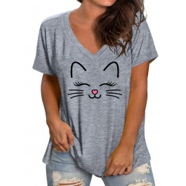 Plus Size Cartoon Cat Print T-Shirt, Casual V Neck Short Sleeve T-Shirt, Women's Plus Size Clothing